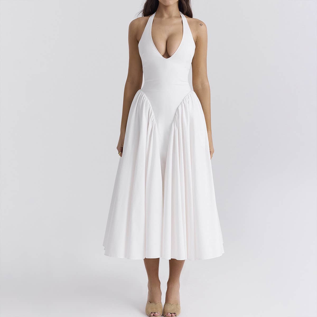 V-neck sexy halter pleated cinched-waist dress