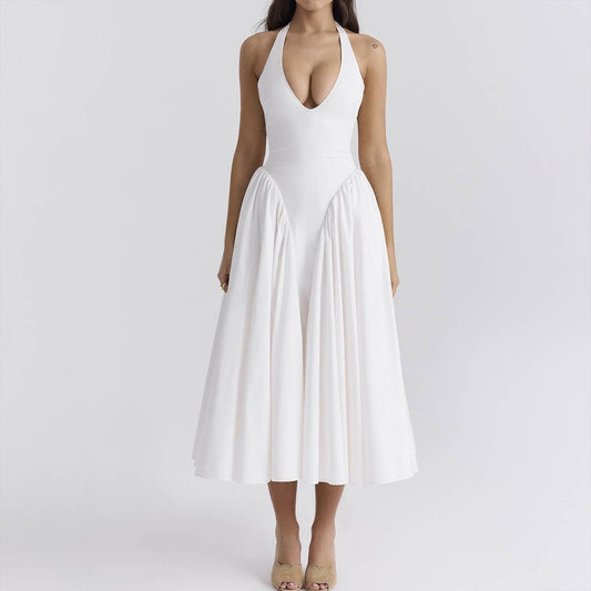 V-neck sexy halter pleated cinched-waist dress