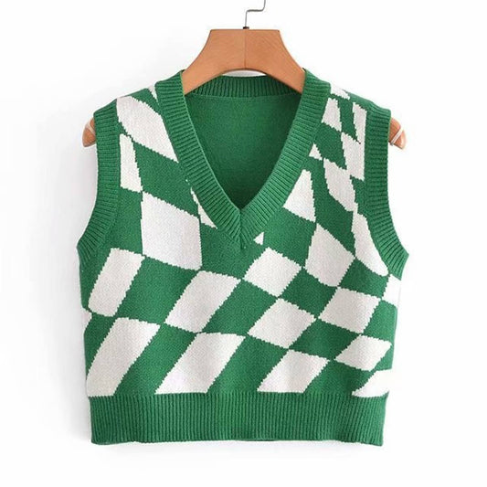 V-NECK KNITTED RHOMBOID MATCHING SHORT VEST STRAP