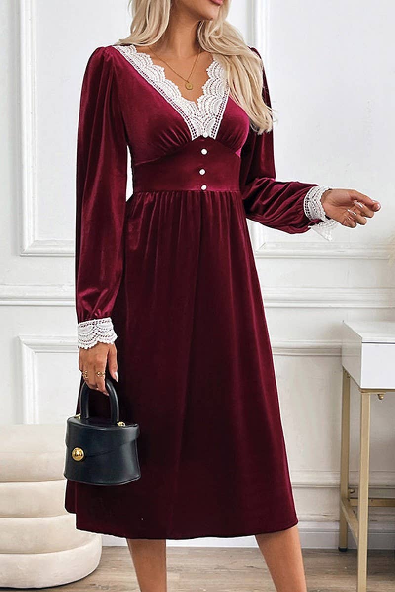 CWDMD4805_V-NECK LACE PANEL CONTRAST COLOR DRESS