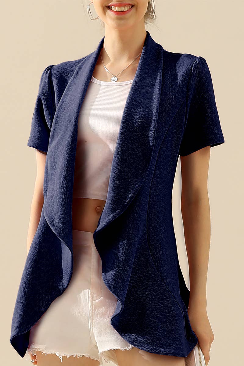 CWOBL095-P_Short Sleeve Open Front Draped Ruffles Blouses