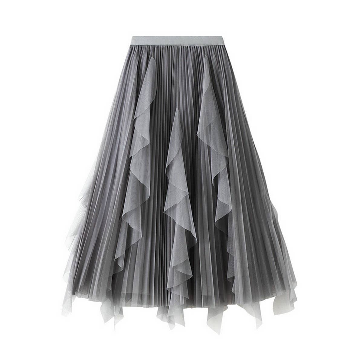 Ruffled Mesh Panel High-Waist Pleated Midi Skirt
