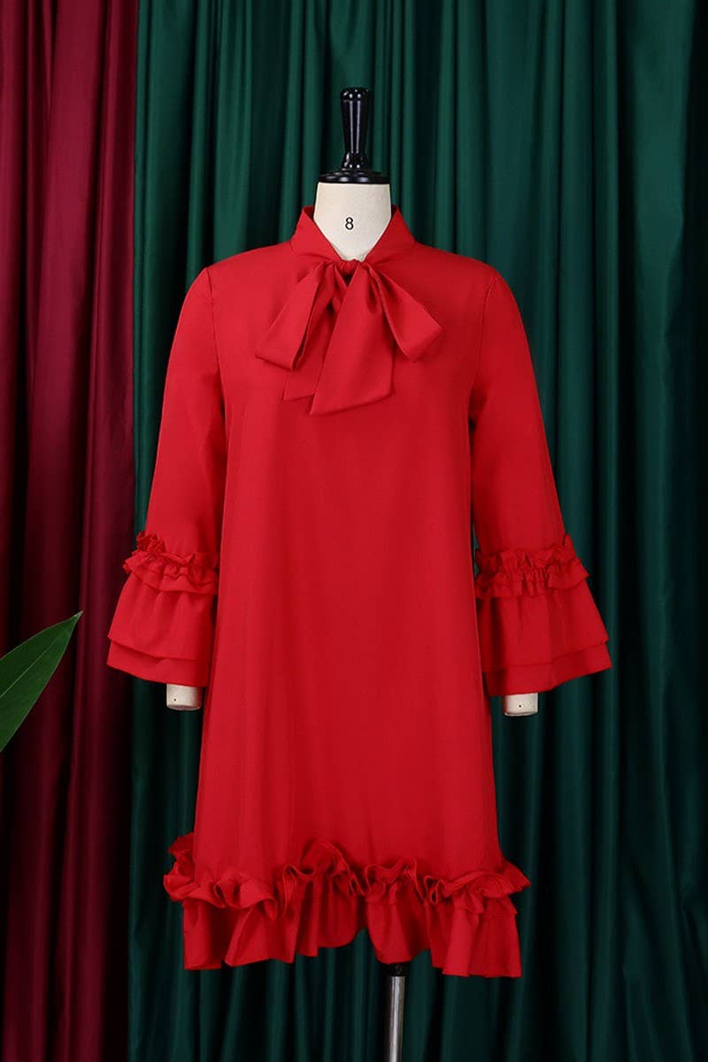 CWDSD10890_2025 PLUS SIZE WOMEN RUFFLE SLEEVE TIE WAIST DRES
