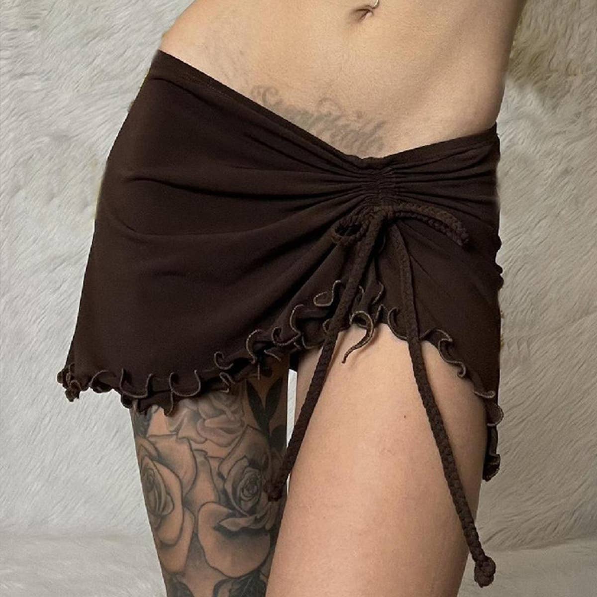 Retro pleated drawstring cinched waist skirt