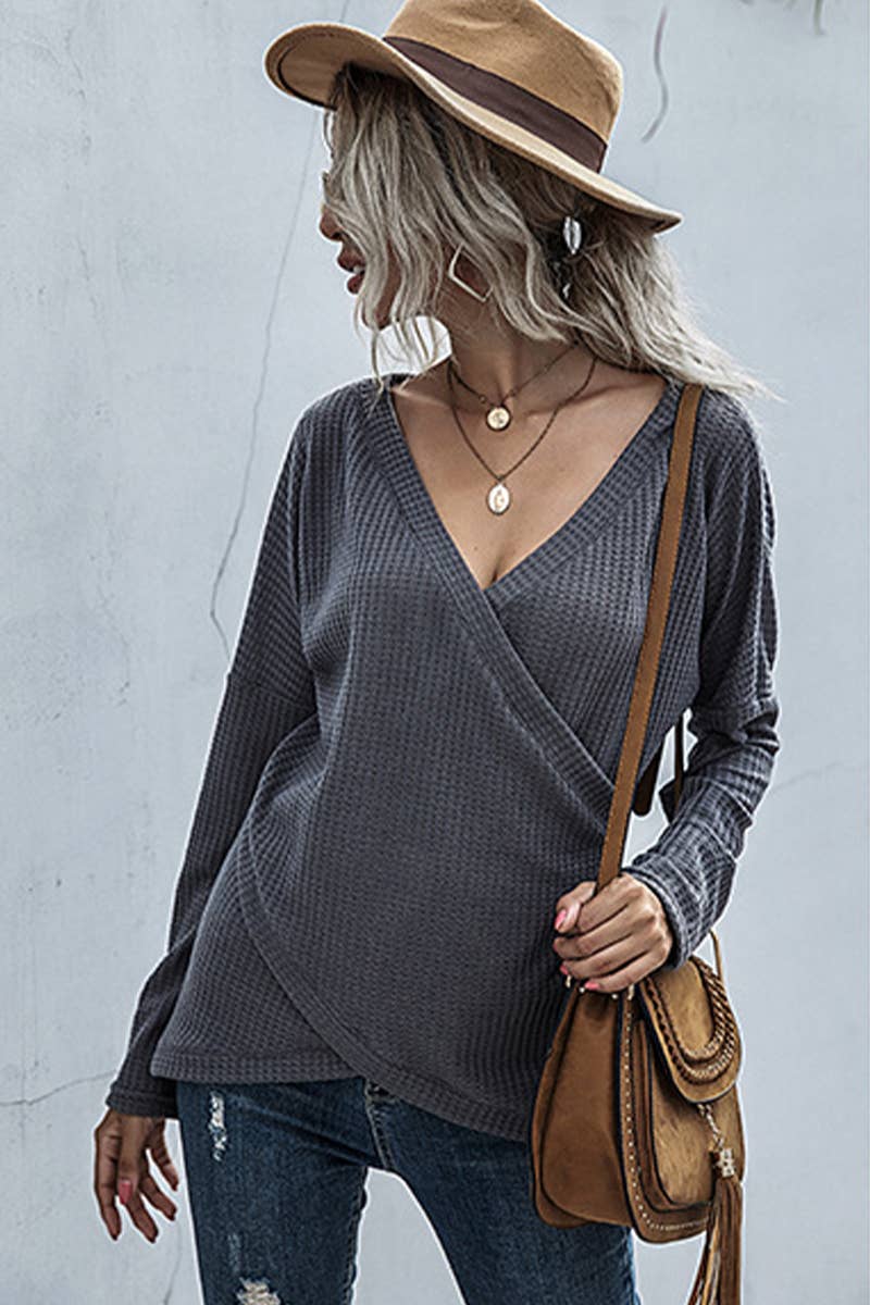 IRREGULAR LONG SLEEVE V-NECK SOLID COLOR SHIRT
