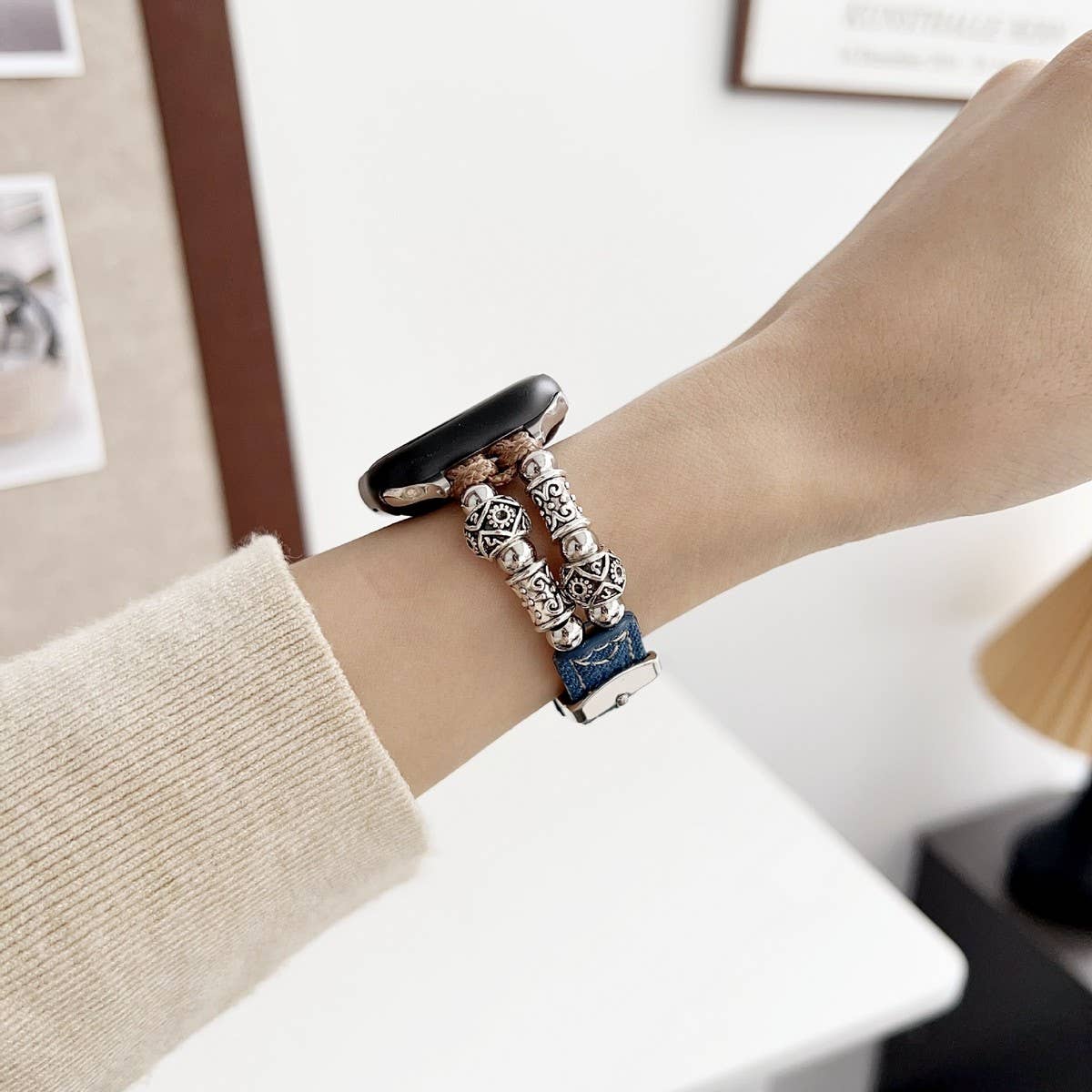 IWATCH9-1 14MM TIBETAN SILVER DENIM LEATHER STRAP