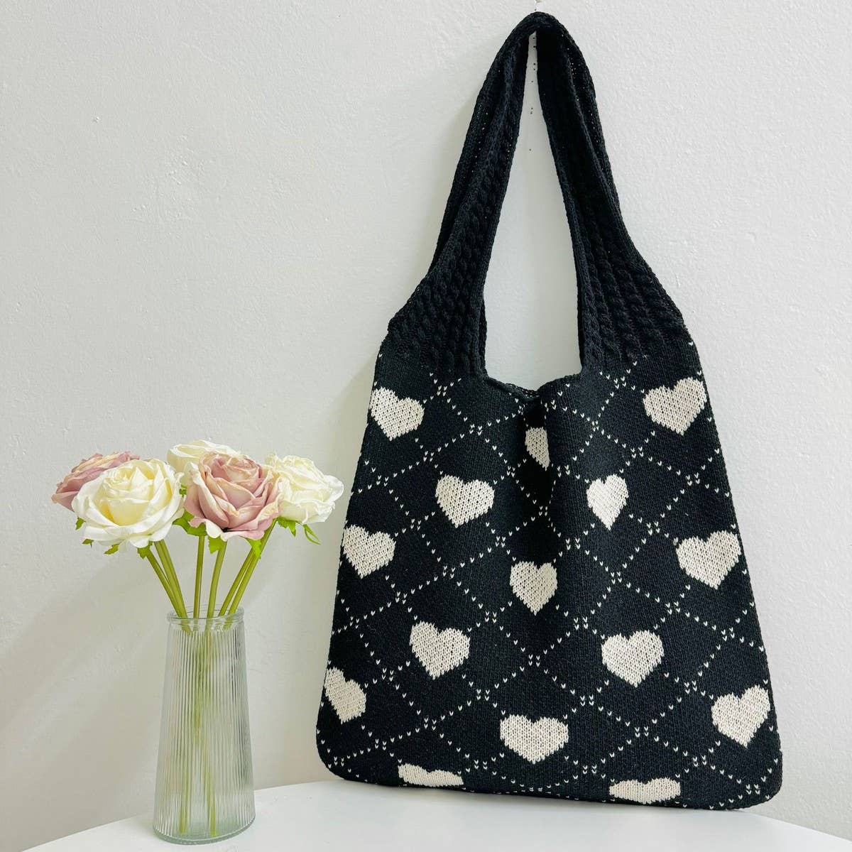 CWAB5064_SHOPPING KNITTED HEART PATTERN WOVEN BAG