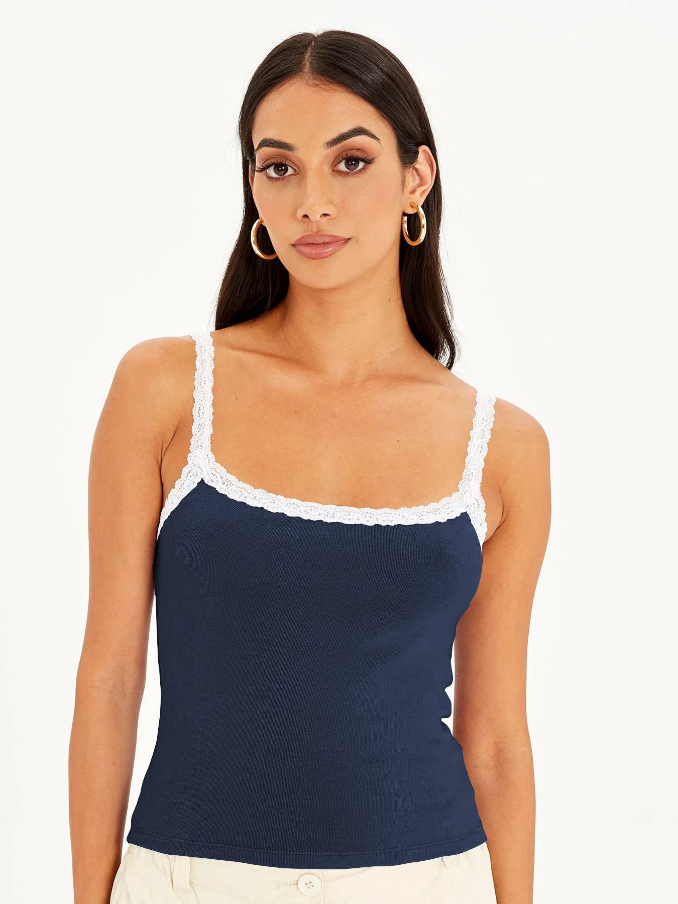 Lace-trimmed and color-blocked halter top