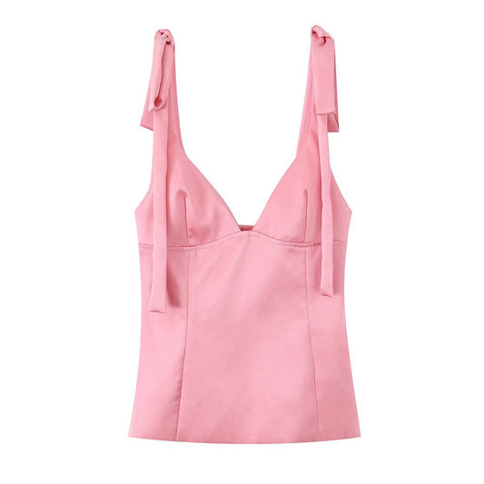 Sweet Style Satin Cami Top with Bow Detail