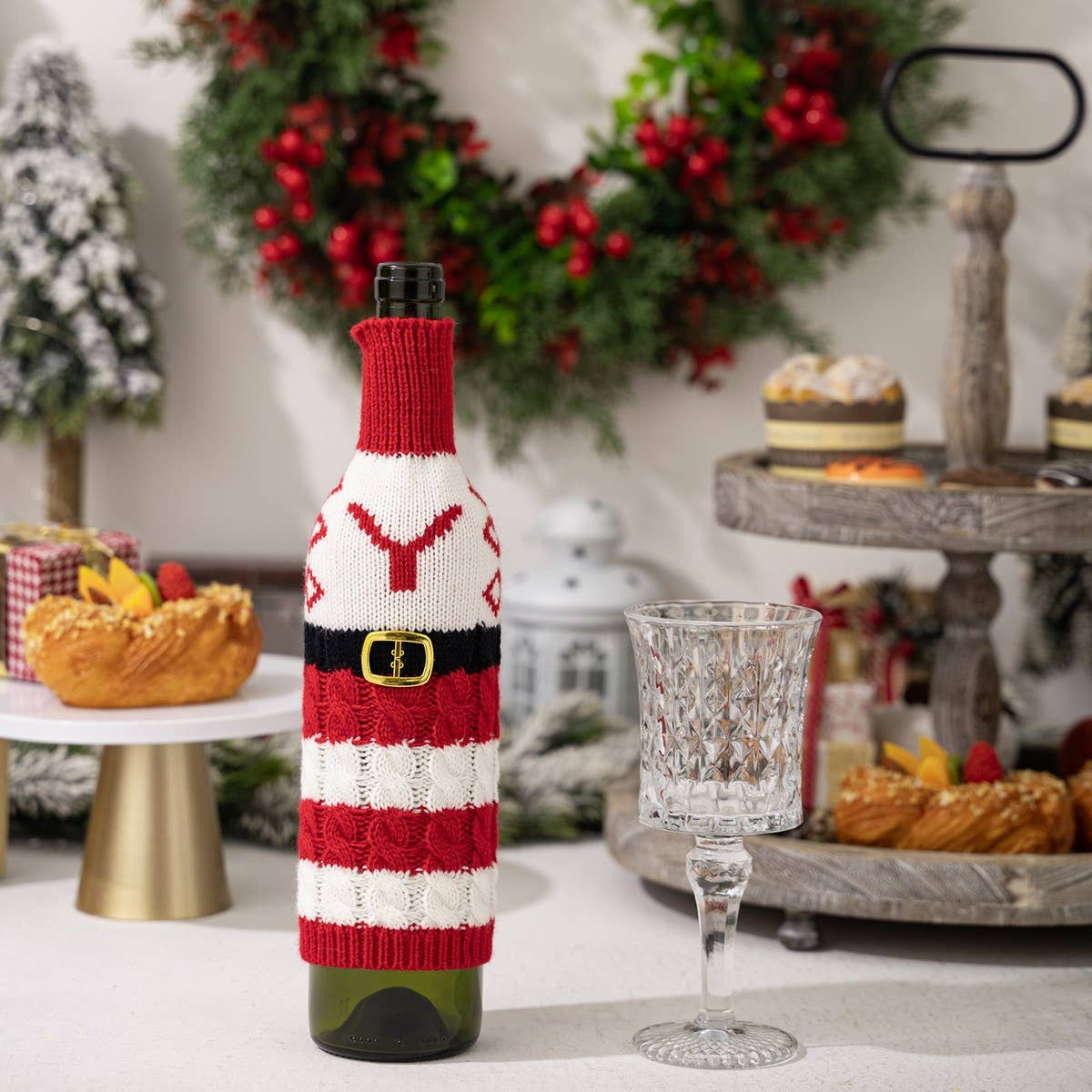 CWMM10337_KNITTED LETTER WINE BOTTLE COVER RED WHITE STRIPES