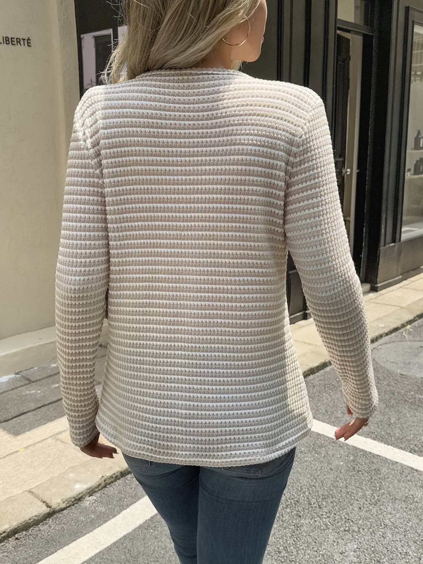 Teak striped V-neck long-sleeved T-shirt