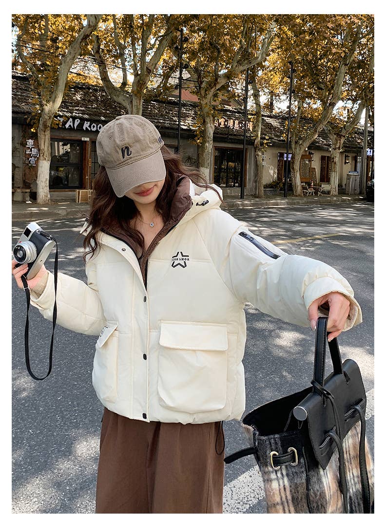 Solid color hooded warm winter padded jacket