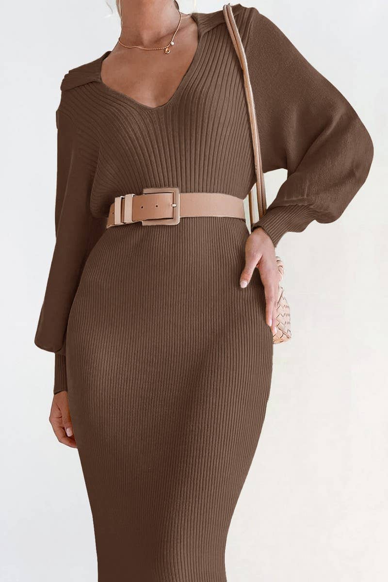 CWDMD01035_VINTAGE LANTERN SLEEVE V NECK KNIT SWEATER DRESS