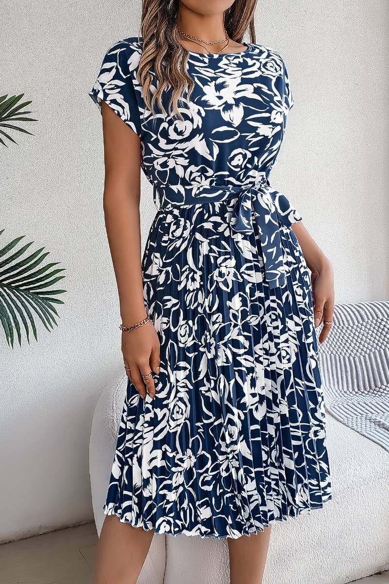CWDMD2665_SUMMER FLOWER SHORT SLEEVE PLEATED DRESS