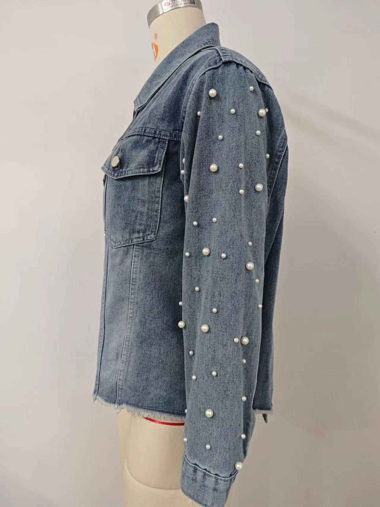 Washed beaded long-sleeved casual denim jacket