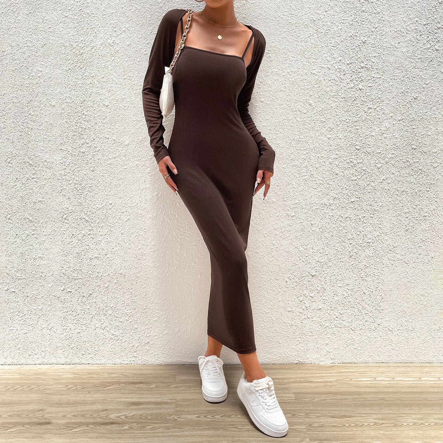 SOLID COLOR HALTER DRESS LONG SLEEVE TOP