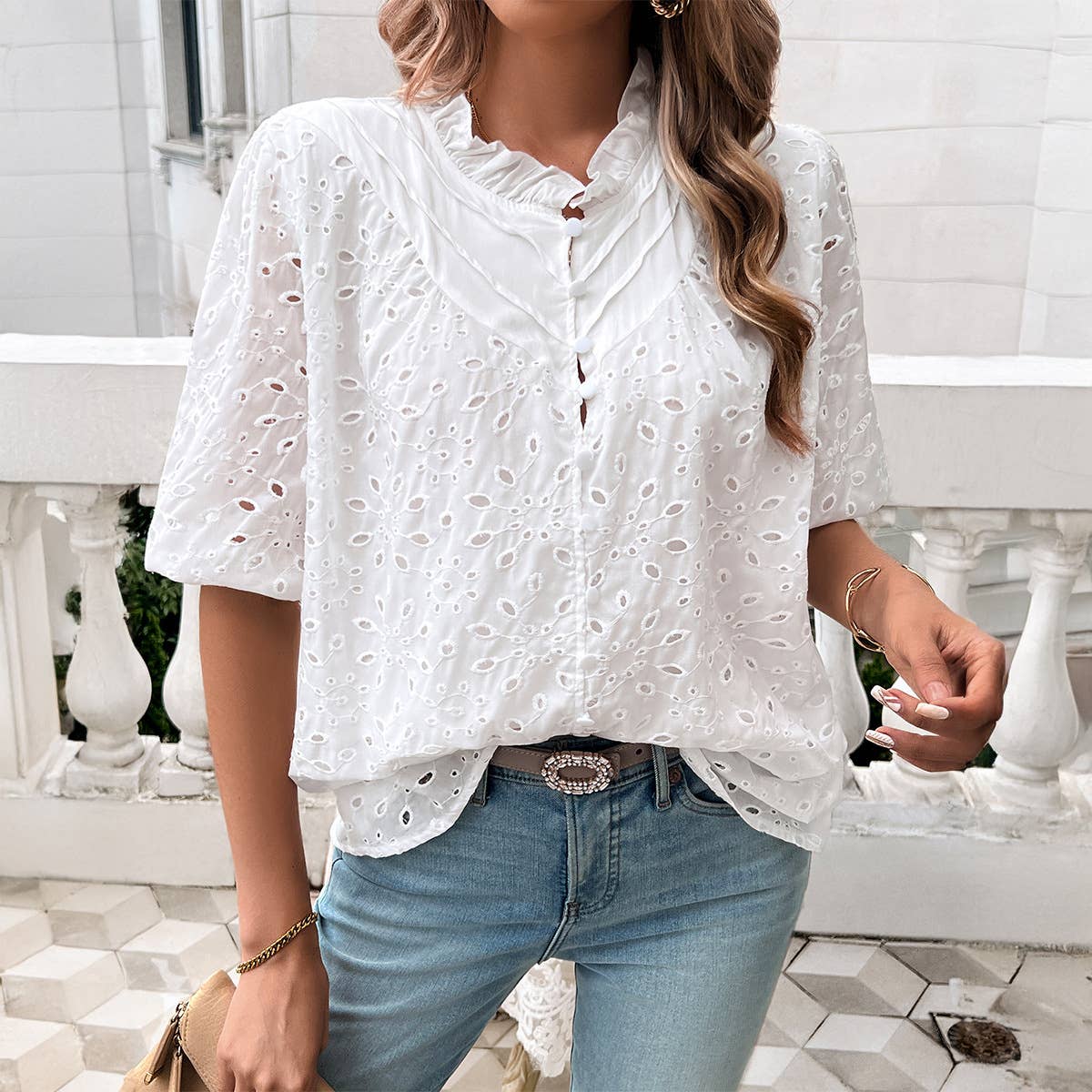 TEMPERAMENT PUFFED SLEEVE EMBROIDERED SHIRT