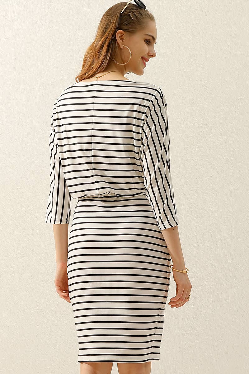 CWDMD803_BOAT NECK LONG SLEEVE DRAWSTRING KNEE MIDI DRESS