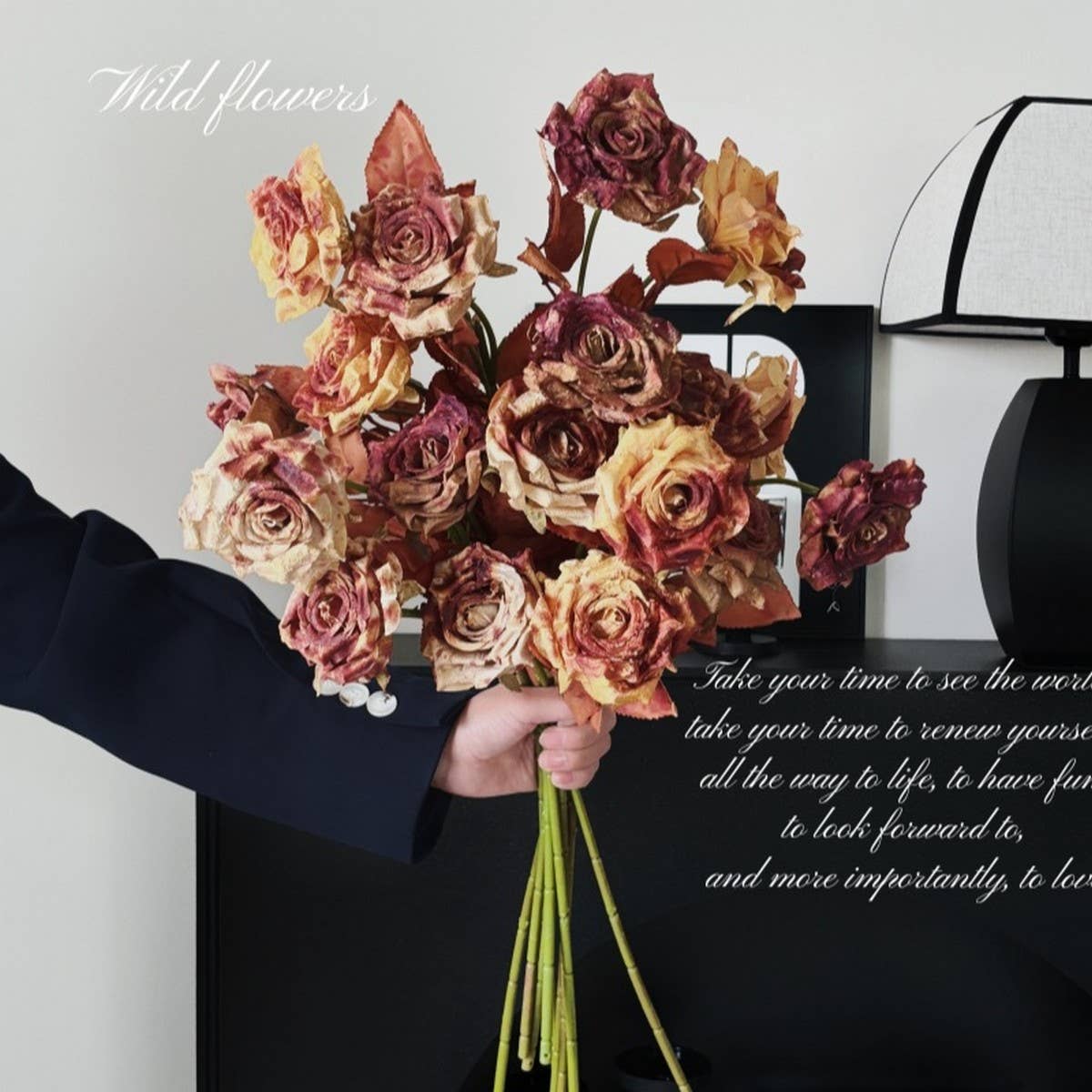 Vintage Faux Wilted Rose Bouquet with Ink Stains