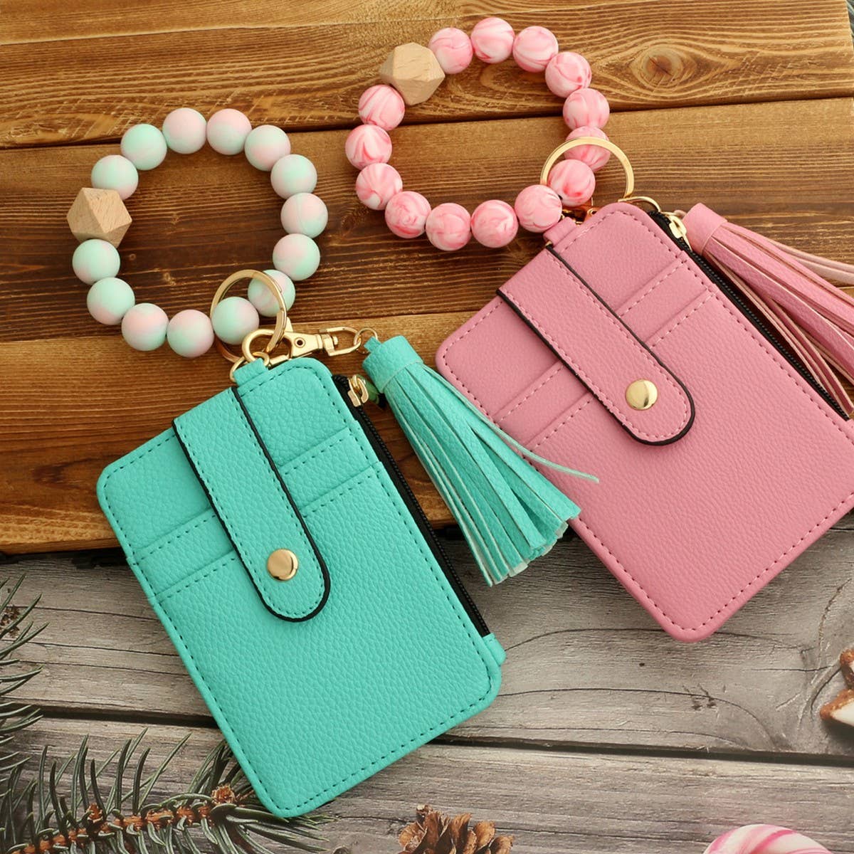 Leather Card Wallet with Silicone Bead Keychain_CWAB4940