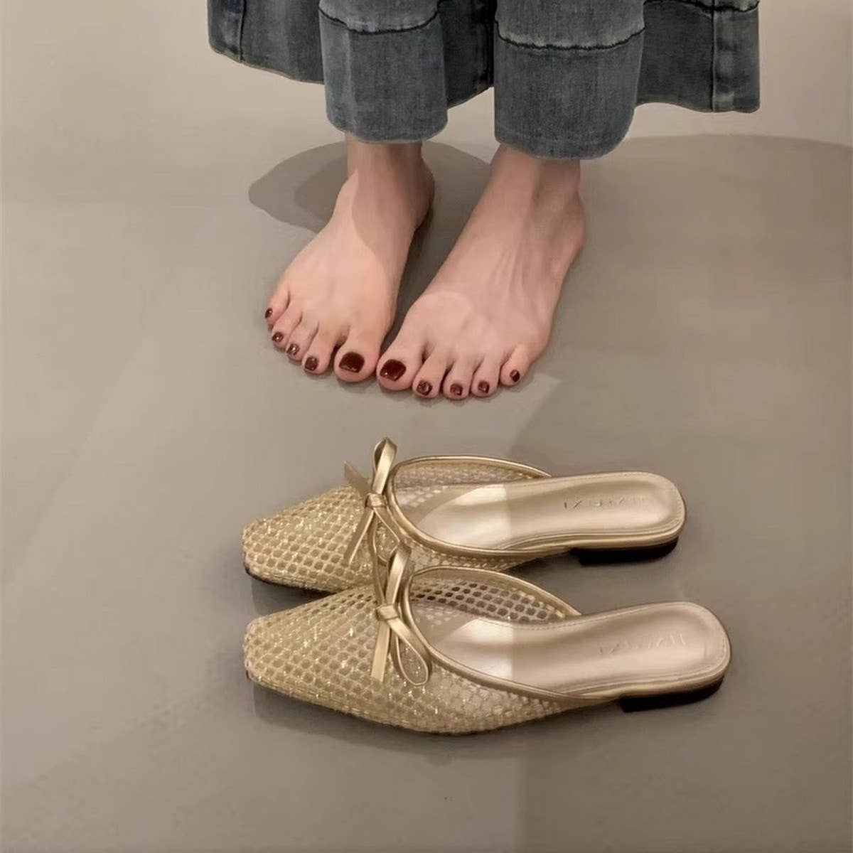 Mesh Bow Knit Mules Flat Ballet Slip-On Shoes