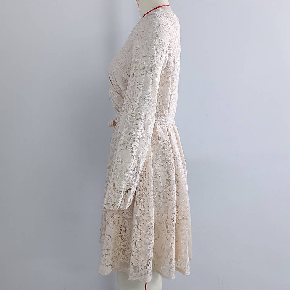 V-NECK STYLE LACE-UP LONG-SLEEVED DRESS