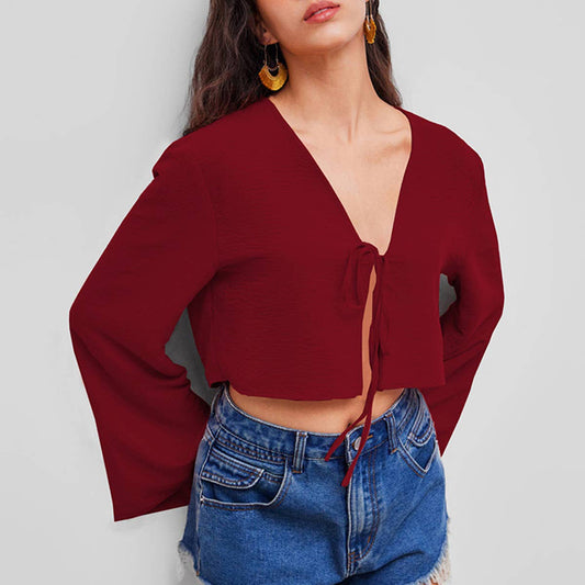 SEXY V-NECK T-SHIRT LACE-UP SMALL CARDIGAN