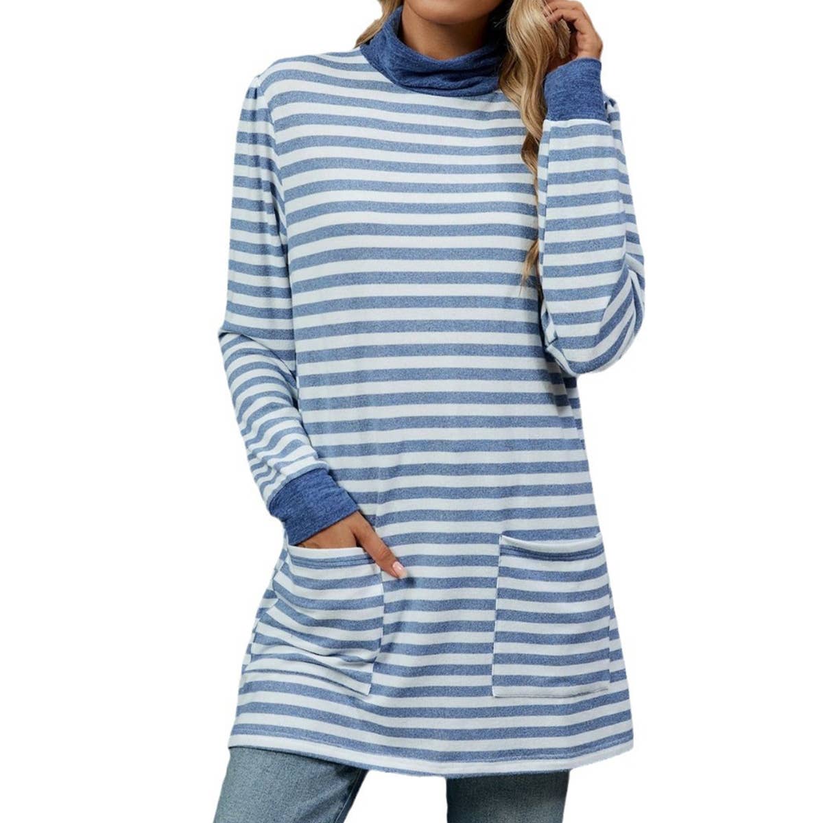 STRIPED BAGGY POCKET HIGH-NECK LONG-SLEEVED SHIRT