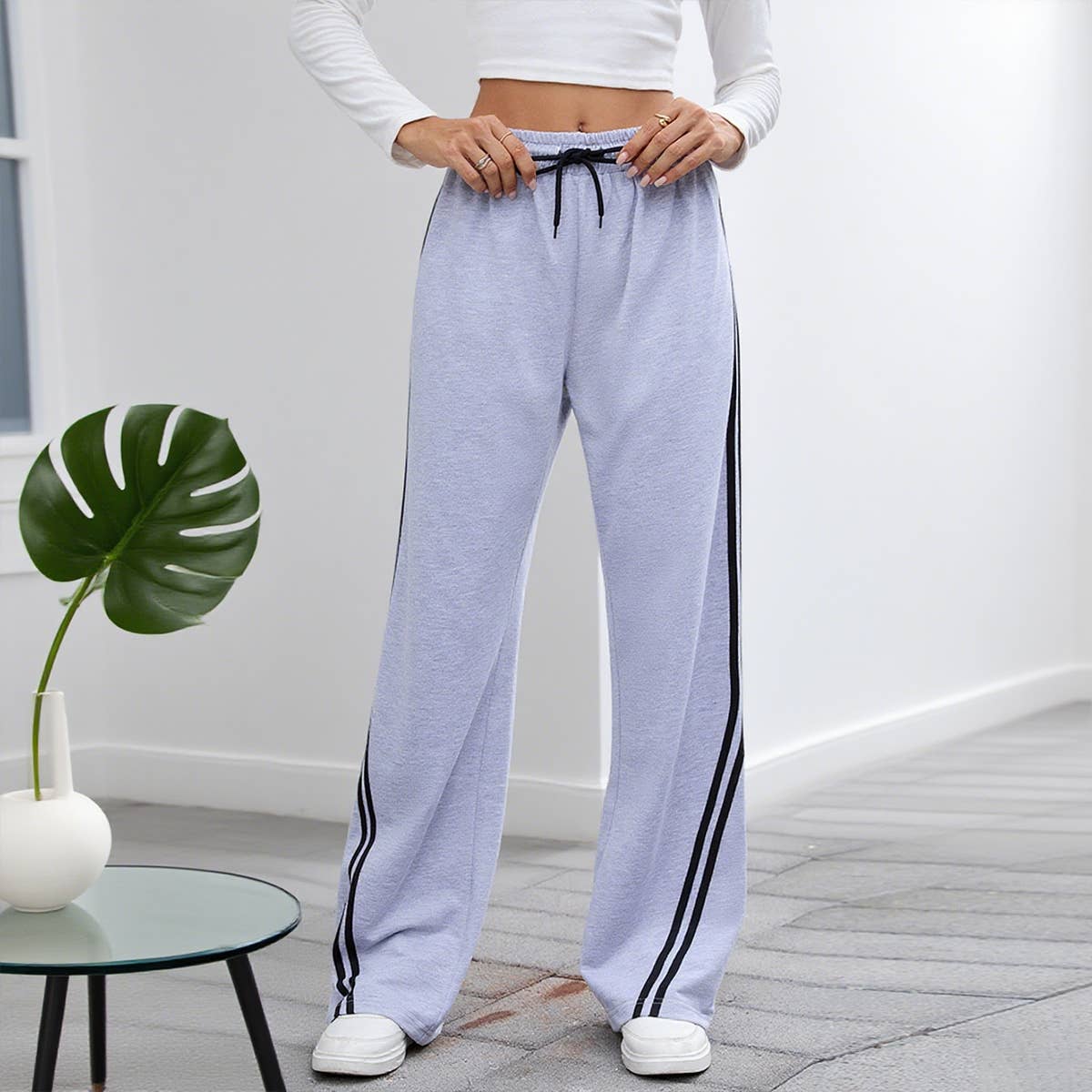 Lace up casual, loose, straight, wide-leg pants