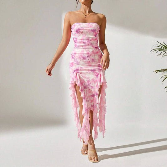 A long slit strapless dress with ruffles