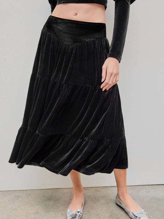 LONG STYLE VELVET SKIRT WITH LOTUS LEAF