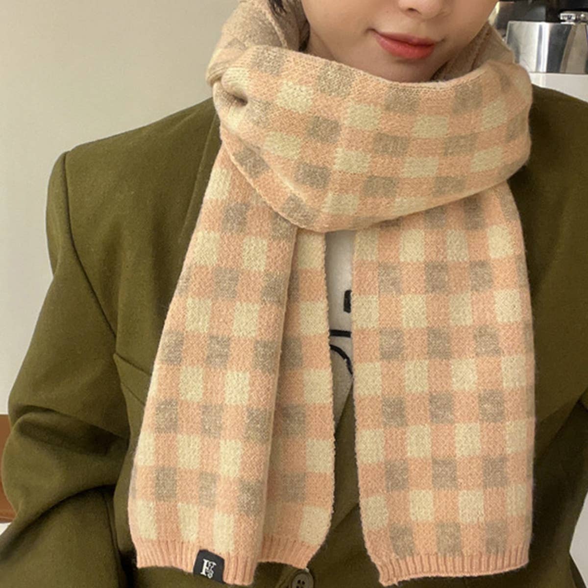 Colorblock Checkered Knit Scarf for Women