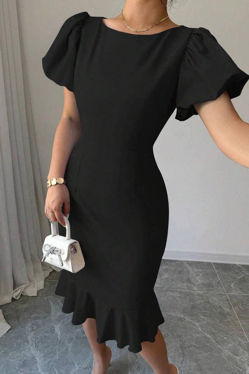 CWDSD7396_ROUND NECK LANTERN SLEEVE RUFFLED FISHTAIL DRESS