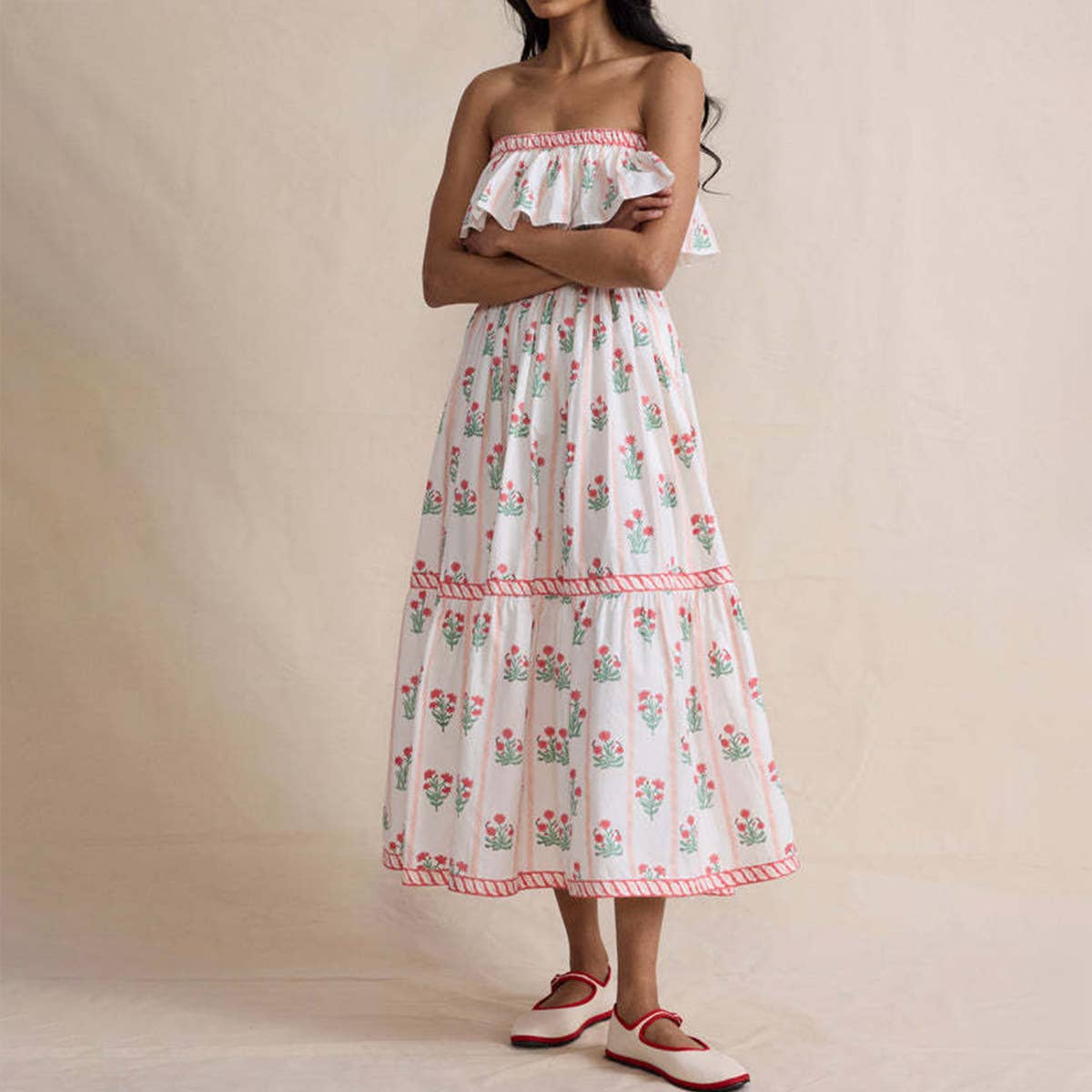 Elegant plant-printed wood ear dress