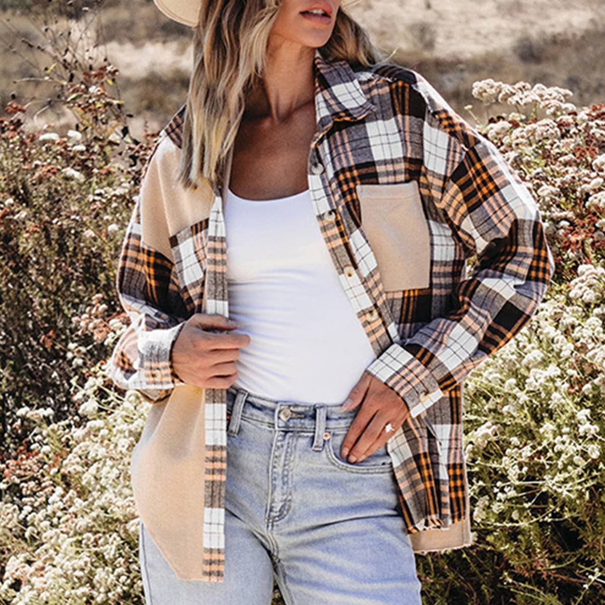 FASHION TREND PLAID COLOR CONTRAST SHIRT COAT