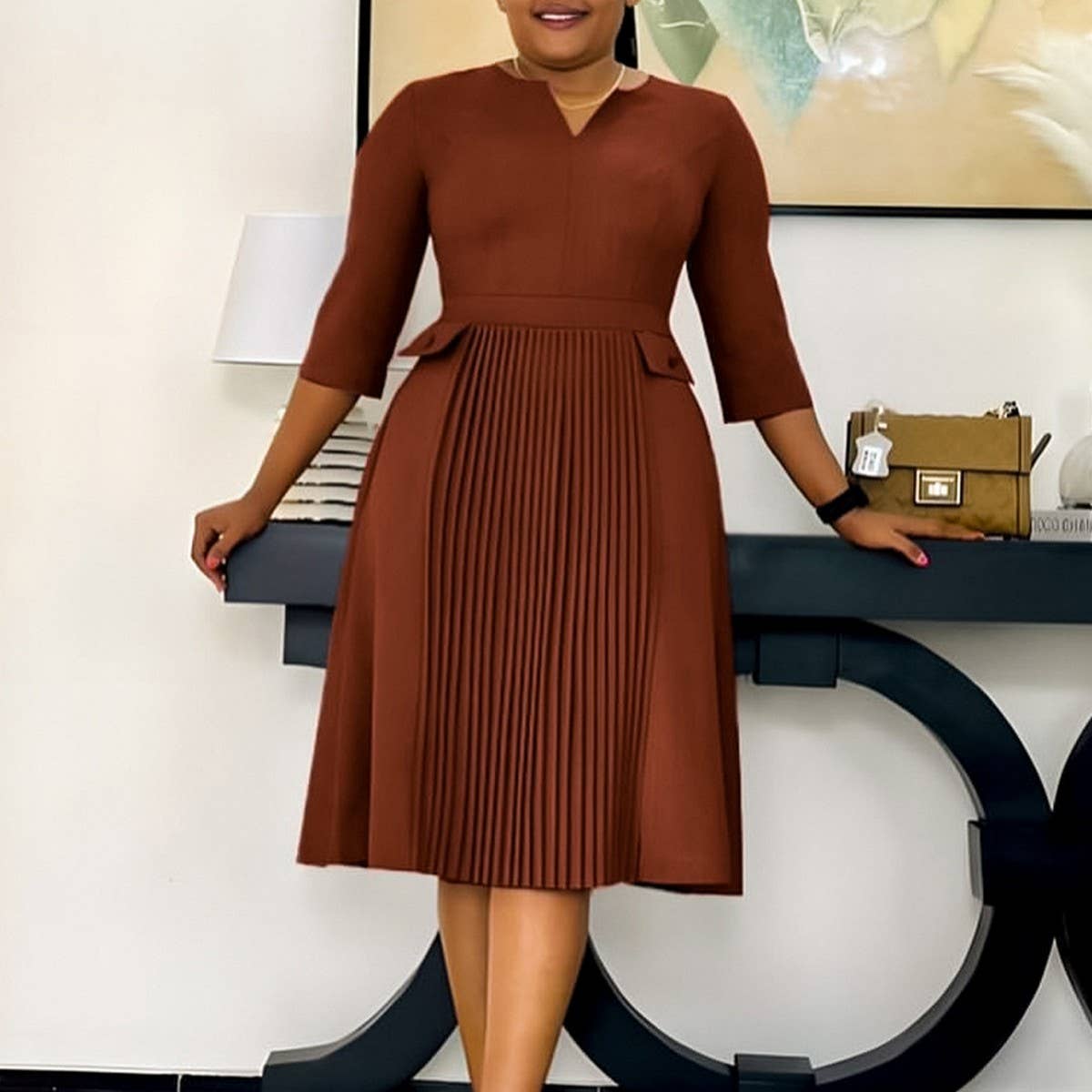 OVERSIZED PLEATED THREE-QUARTER SLEEVE DRESS_CWDSD6088