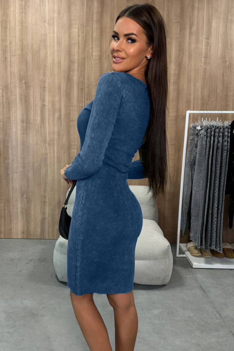 CWDSD6032_SOLID COLOR LONG SLEEVE V-NECK SLIM-FIT DRESS