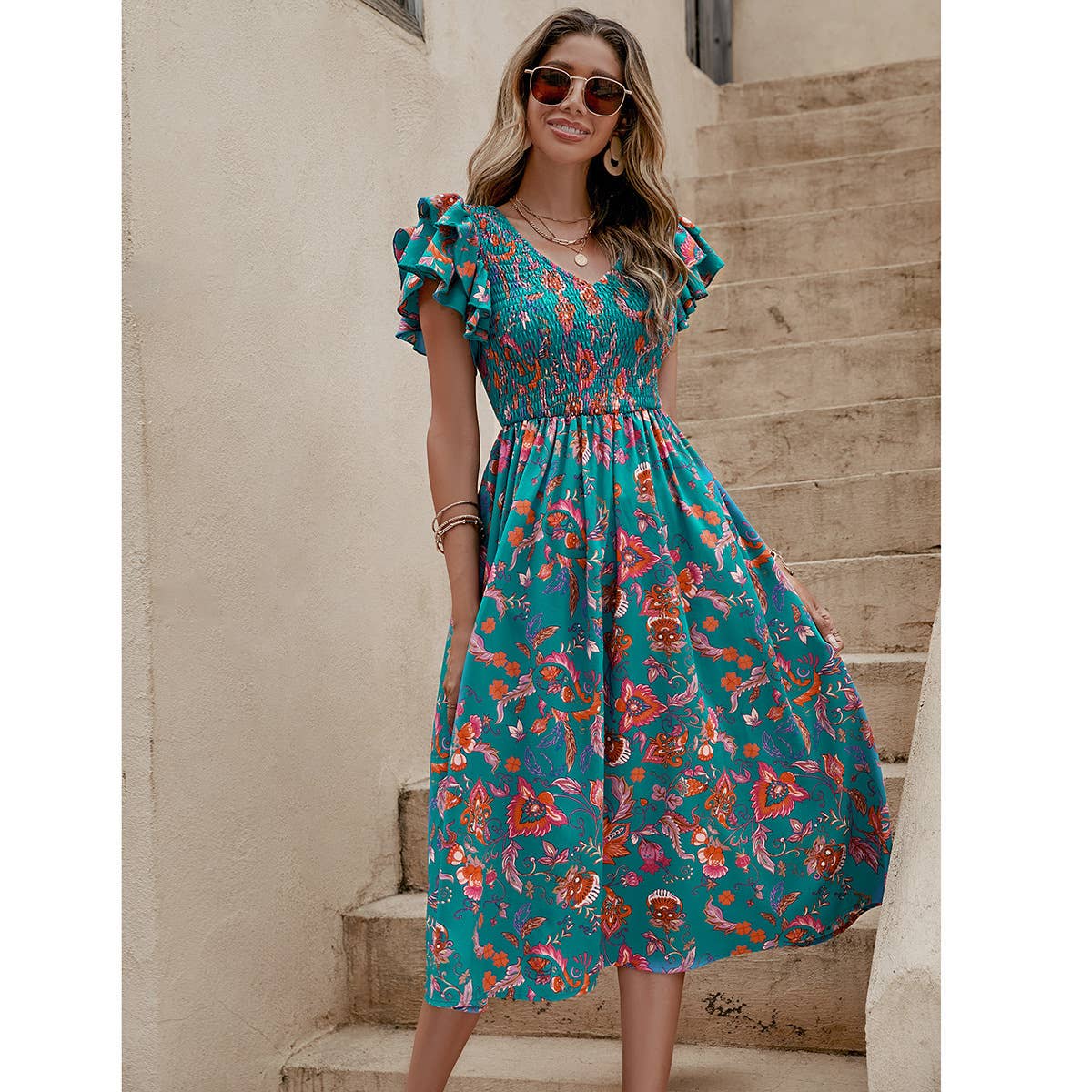 Printed V-neck short-sleeved cinched-waist dress