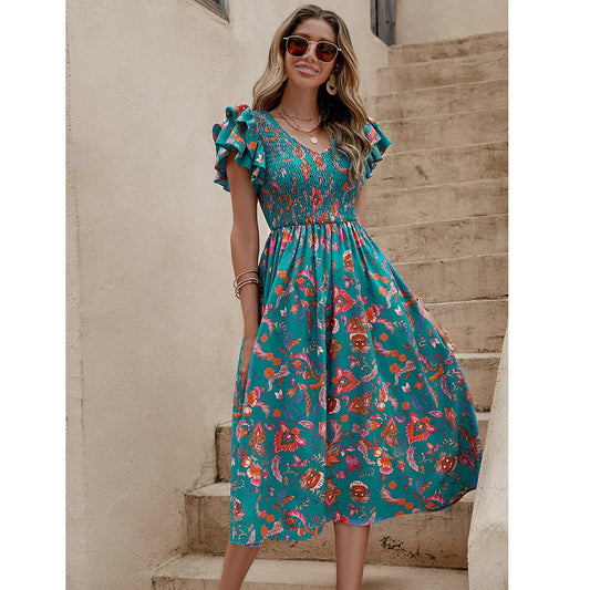 Printed V-neck short-sleeved cinched-waist dress