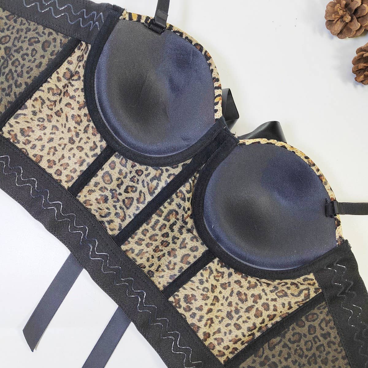 LEOPARD PRINT BOW HERRINGBONE BRA WITH RHINESTONES