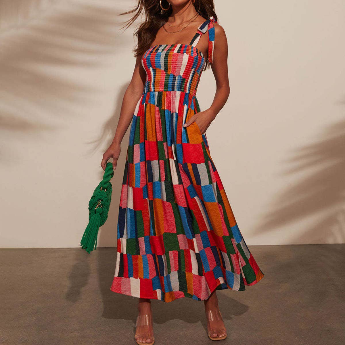 Holiday print and color matching Mid-length dress