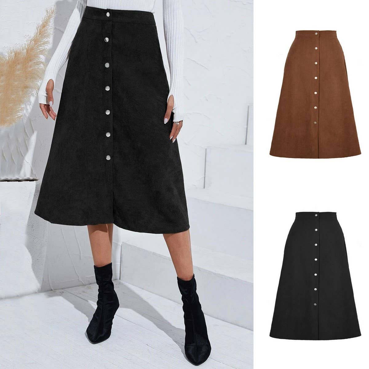 CORDUROY SKIRT SINGLE BREASTED HIGH WAISTLONGSKIRT