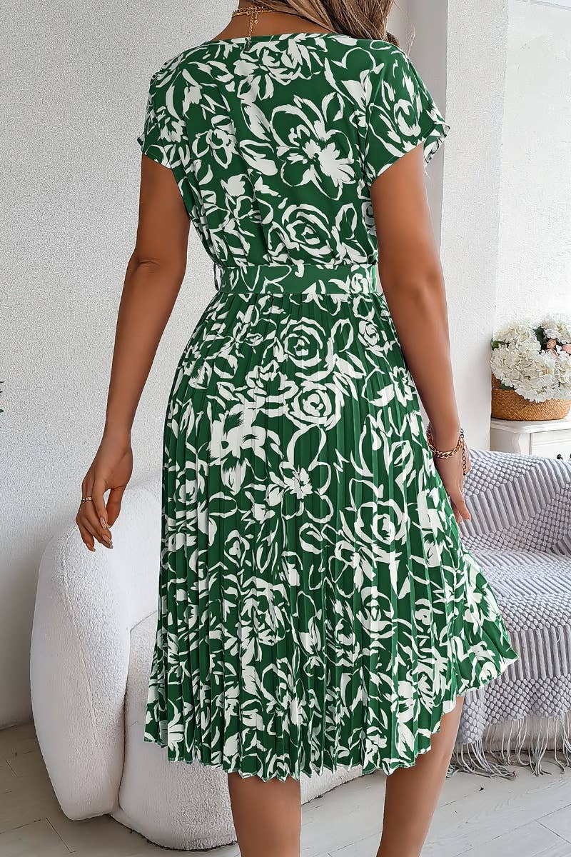 CWDMD2665_SUMMER FLOWER SHORT SLEEVE PLEATED DRESS