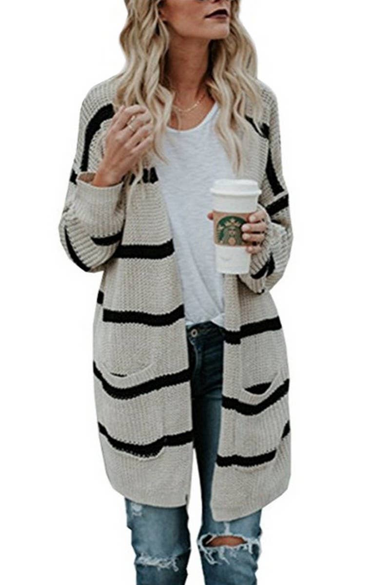 Striped women's loose long unbuttoned knit cardigan