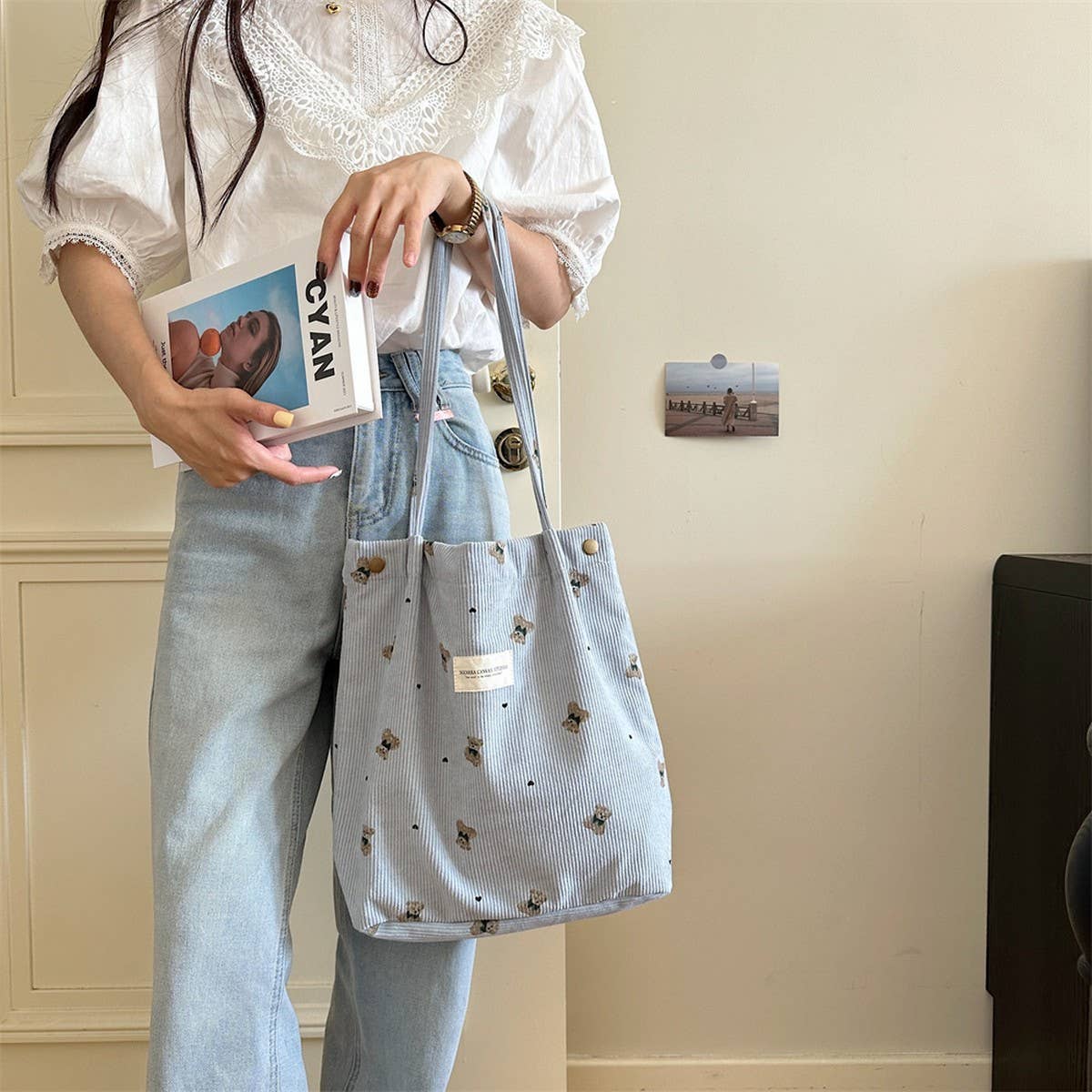 CWAB3901_CORDUROY BEAR PRINT SINGLE SHOULDER UNDERARM BAG