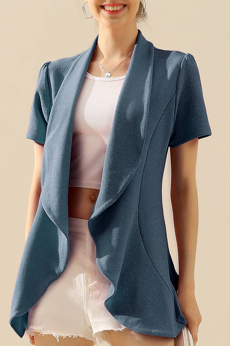 CWOBL095-P_Short Sleeve Open Front Draped Ruffles Blouses