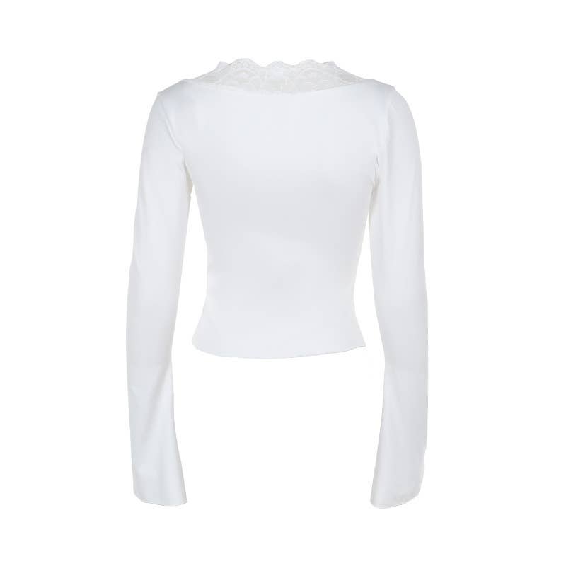 Fashionable Casual V-Neck Lace Trim Button-Up Top