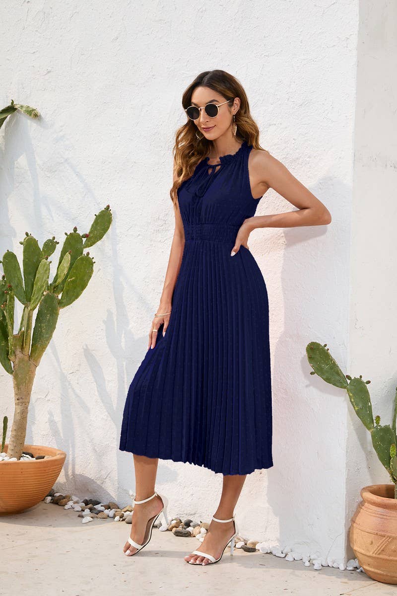 CWDMD2140_LACE UP HIGH WAISTED PLEATED HAIRBALL DRESS