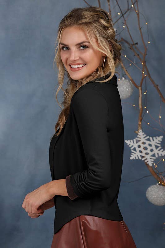 CWOBL108_SHAWL COLLAR SHORT BLAZER WITH SHIRRING SLEEVE