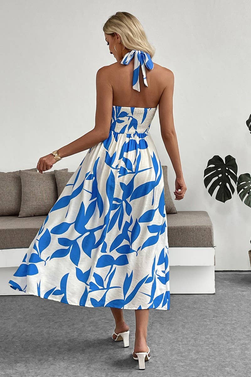 CWDMD6281_TROPICAL HALTER NECK SPLIT HEM BEACH DRESS